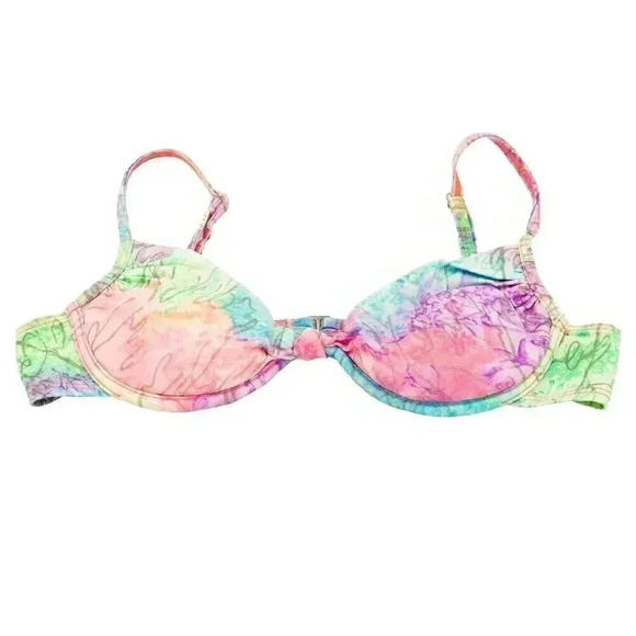 Vintage 80s Bikini Top Size 34B Pastel Neon Abstract Padded Swim Suit Top 1980s - Picture 3 of 4